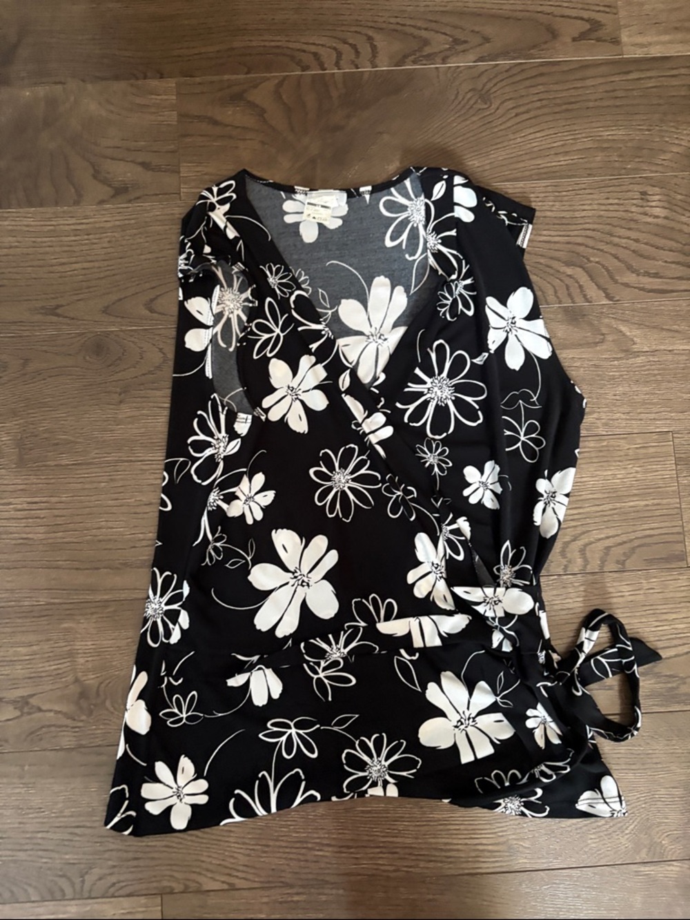 Black and White Floral Wrap Sleeveless Top